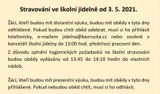 Obědy ve školní jídelně od 3. 5. 2021.